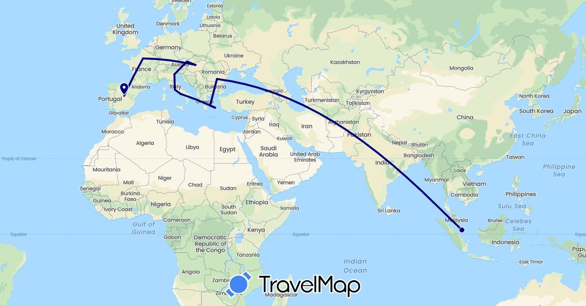 TravelMap itinerary: driving in Austria, Spain, France, Greece, Hungary, Italy, Romania, Singapore (Asia, Europe)
